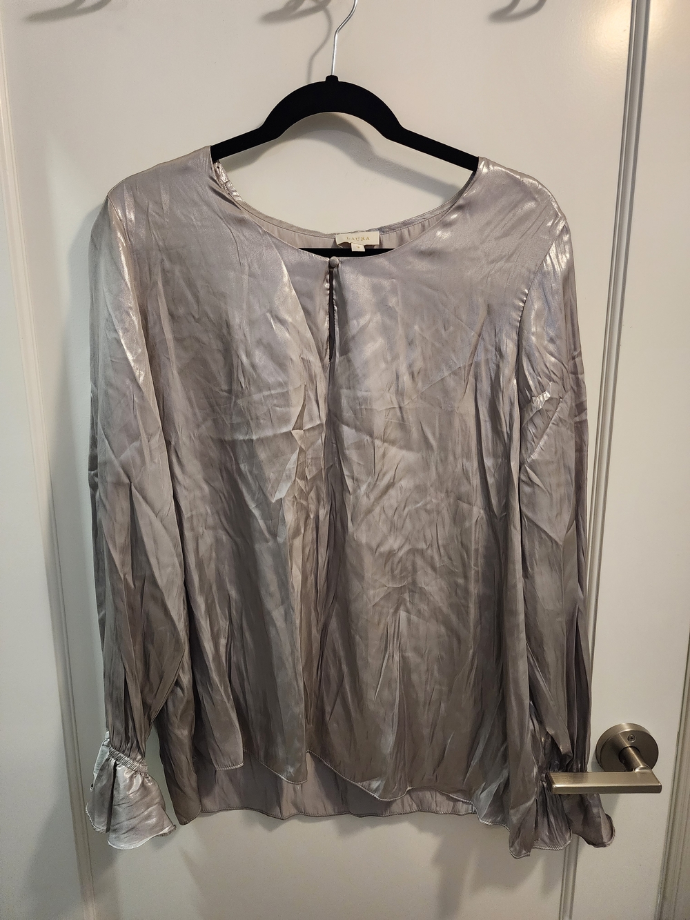 Women's Silver Satin Long-Sleeve Blouse